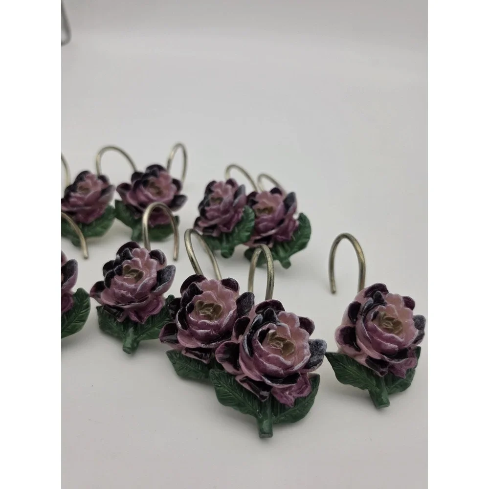 VINTAGE 12 Bordeaux Purple/Lavender Rose Shower Curtain Hooks Rings CottageCore